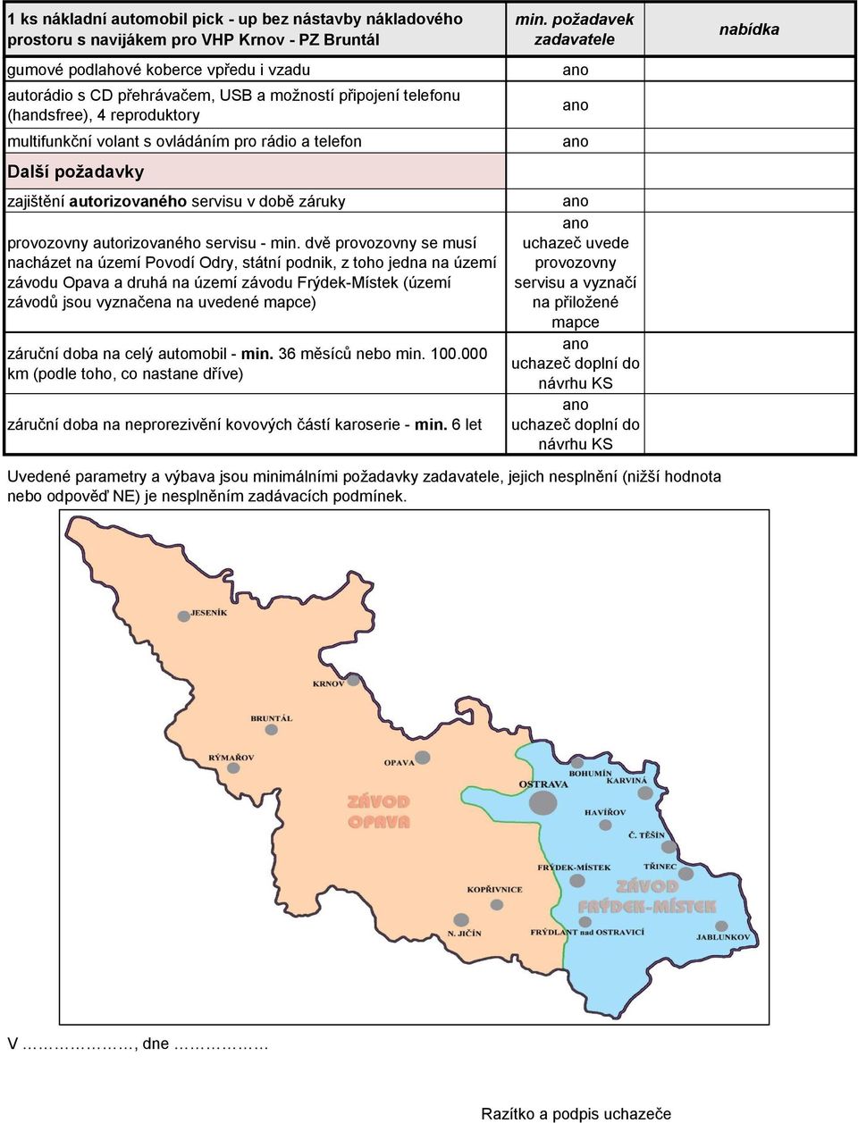 dvě provozovny se musí nacházet na území Povodí Odry, státní podnik, z toho jedna na území závodu Opava a druhá na území závodu Frýdek-Místek (území závodů jsou vyznačena na uvedené mapce) záruční