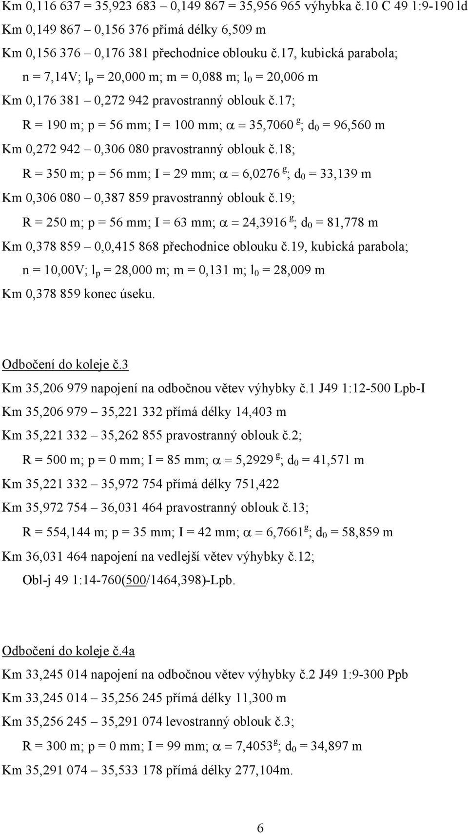 17; R = 190 m; p = 56 mm; I = 100 mm; α = 35,7060 g ; d 0 = 96,560 m Km 0,272 942 0,306 080 pravostranný oblouk č.