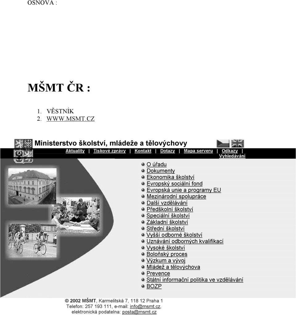 sociální fond Evropská unie a programy EU Mezinárodní spolupráce Další vzdělávání Předškolní školství Speciální školství Základní školství Střední školství Vyšší