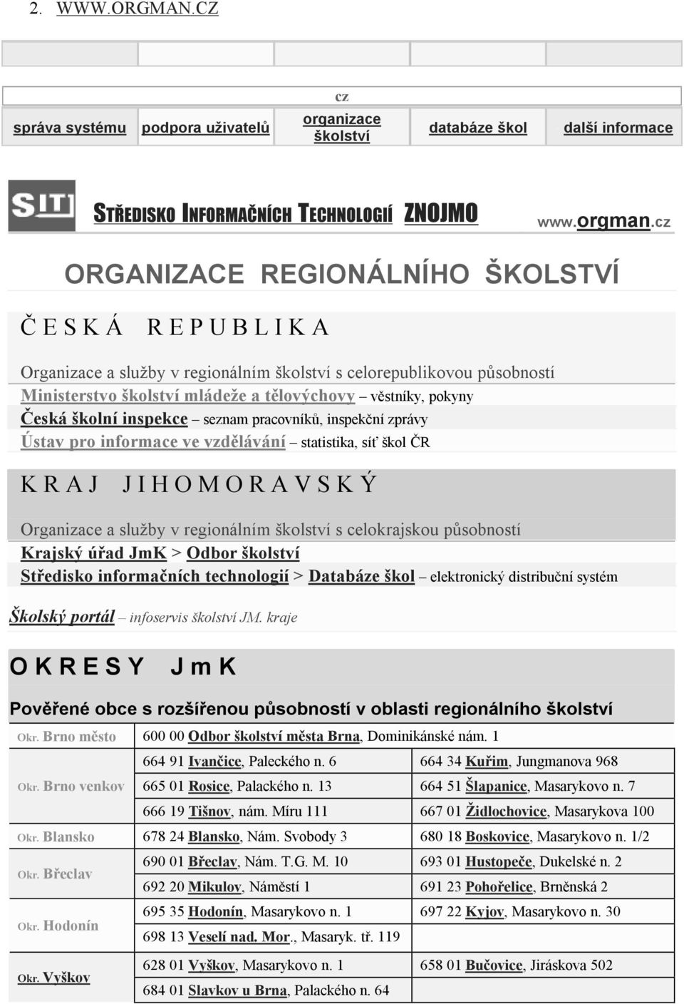 Česká školní inspekce seznam pracovníků, inspekční zprávy Ústav pro informace ve vzdělávání statistika, síť škol ČR K R A J J I H O M O R A V S K Ý Organizace a služby v regionálním školství s