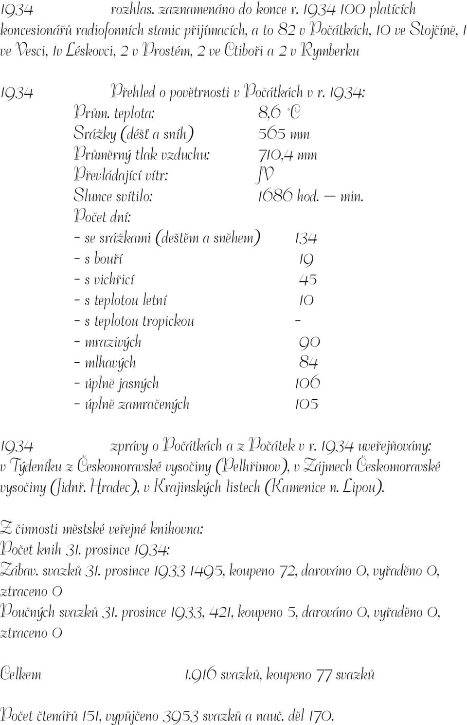 Počátkách v r. 1934: Prům. teplota: 8,6 C Srážky (déšť a sníh) 565 mm Průměrný tlak vzduchu: 710,4 mm Převládající vítr: JV Slunce svítilo: 1686 hod. min.