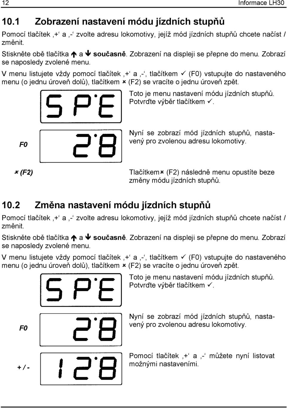 V menu listujete vždy pomocí tlačítek + a -, tlačítkem (F0) vstupujte do nastaveného menu (o jednu úroveň dolů), tlačítkem (F2) se vracíte o jednu úroveň zpět.