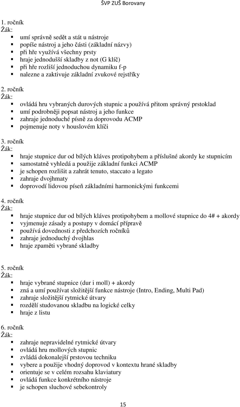 ročník ovládá hru vybraných durových stupnic a používá přitom správný prstoklad umí podrobněji popsat nástroj a jeho funkce zahraje jednoduché písně za doprovodu ACMP pojmenuje noty v houslovém klíči