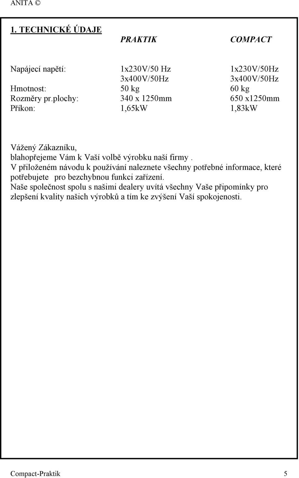 plochy: 340 x 1250mm 650 x1250mm Příkon: 1,65kW 1,83kW Vážený Zákazníku, blahopřejeme Vám k Vaší volbě výrobku naší firmy.