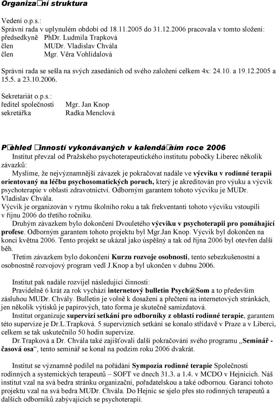 Jan Knop Radka Menclová Pčehled činností vykonávaných v kalendáčním roce Institut převzal od Pražského psychoterapeutického institutu pobočky Liberec několik závazků: Myslíme, že nejvýznamnější
