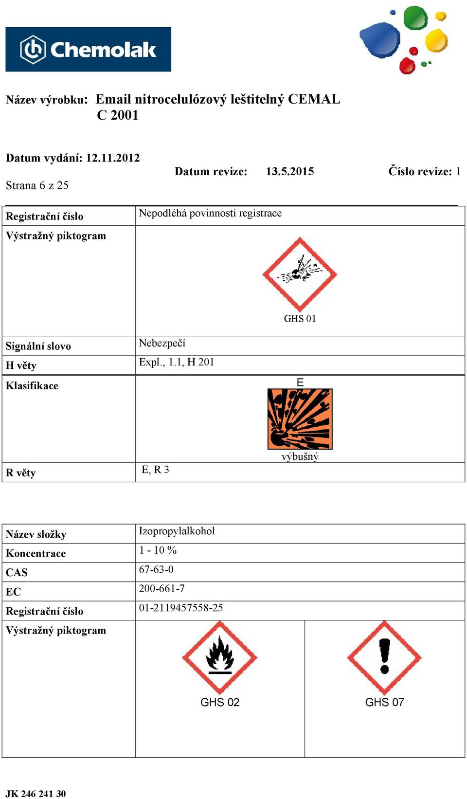 1, H 201 Klasifikace E R věty E, R 3 výbušný Název složky Izopropylalkohol