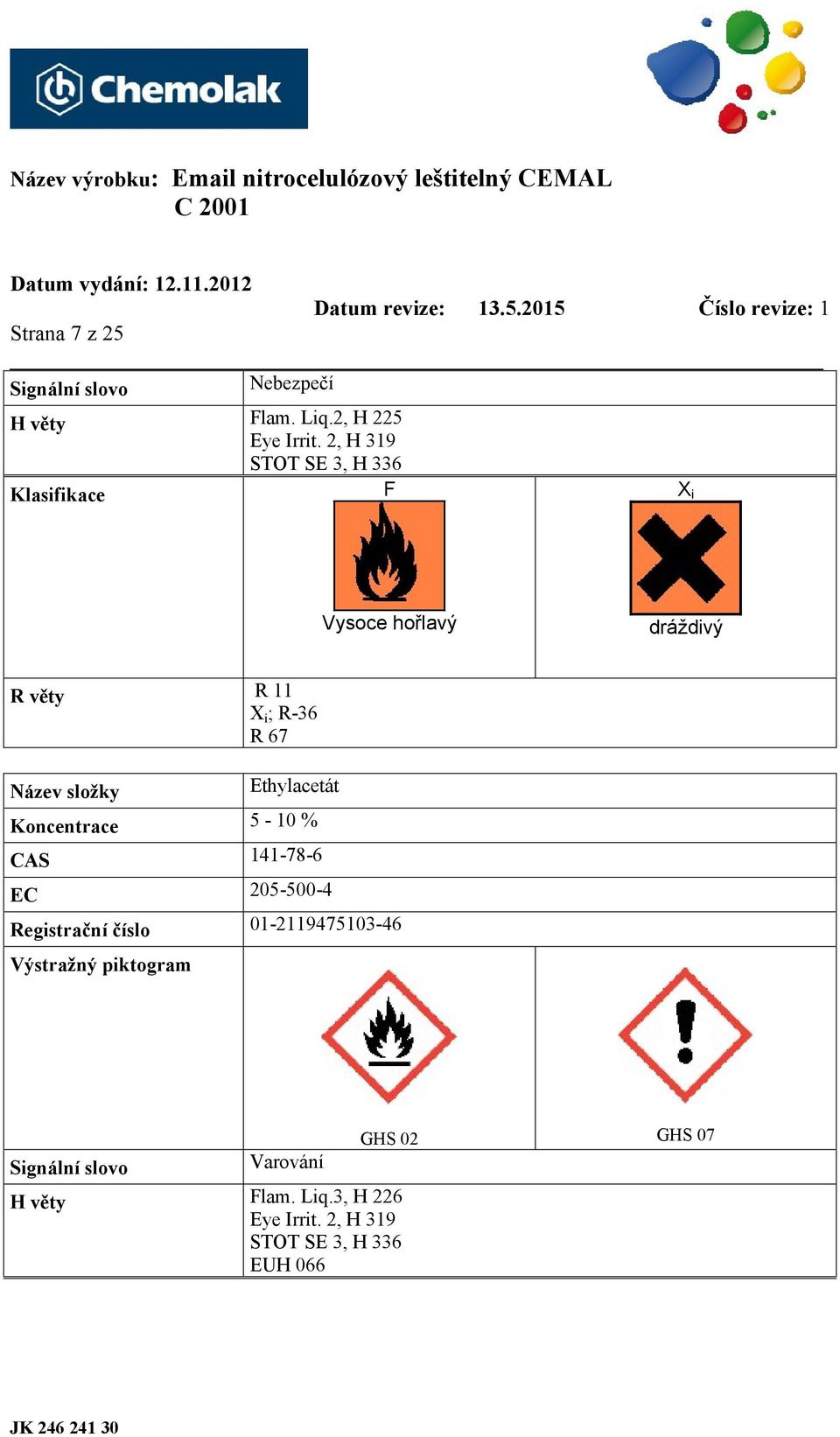 složky Ethylacetát Koncentrace 5-10 % CAS 141-78-6 EC 205-500-4 Registrační číslo 01-2119475103-46