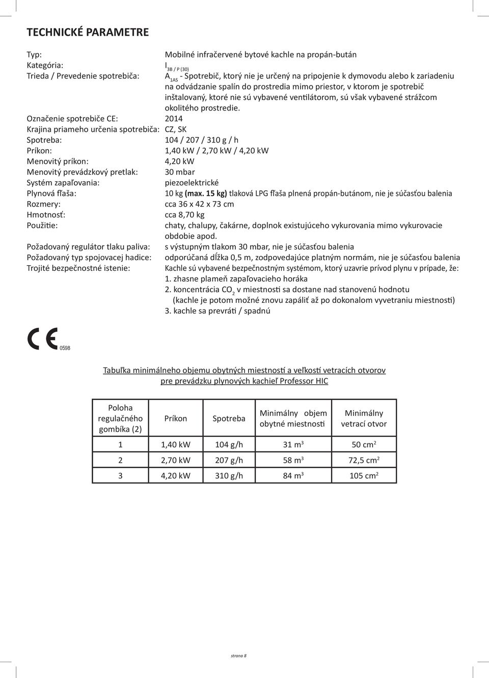 Označenie spotrebiče CE: 2014 Krajina priameho určenia spotrebiča: CZ, SK Spotreba: 104 / 207 / 310 g / h Príkon: 1,40 kw / 2,70 kw / 4,20 kw Menovitý príkon: 4,20 kw Menovitý prevádzkový pretlak: 30