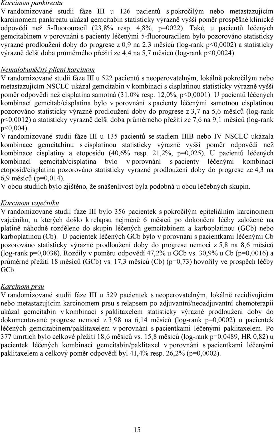 Také, u pacientů léčených gemcitabinem v porovnání s pacienty léčenými 5-fluorouracilem bylo pozorováno statisticky výrazné prodloužení doby do progrese z 0,9 na 2,3 měsíců (log-rank p<0,0002) a