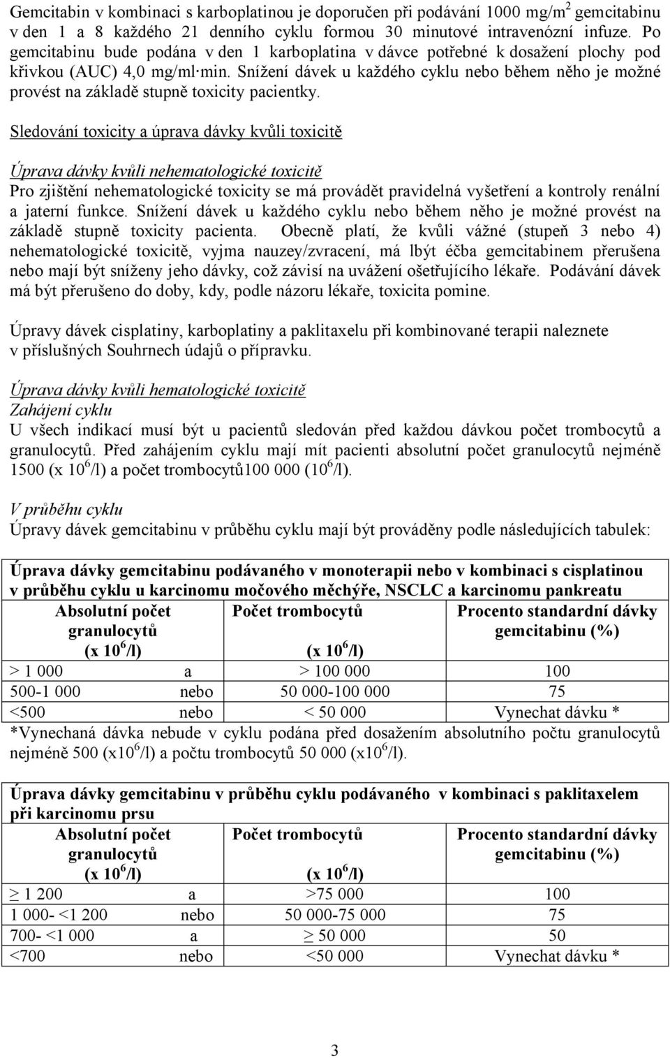 Snížení dávek u každého cyklu nebo během něho je možné provést na základě stupně toxicity pacientky.