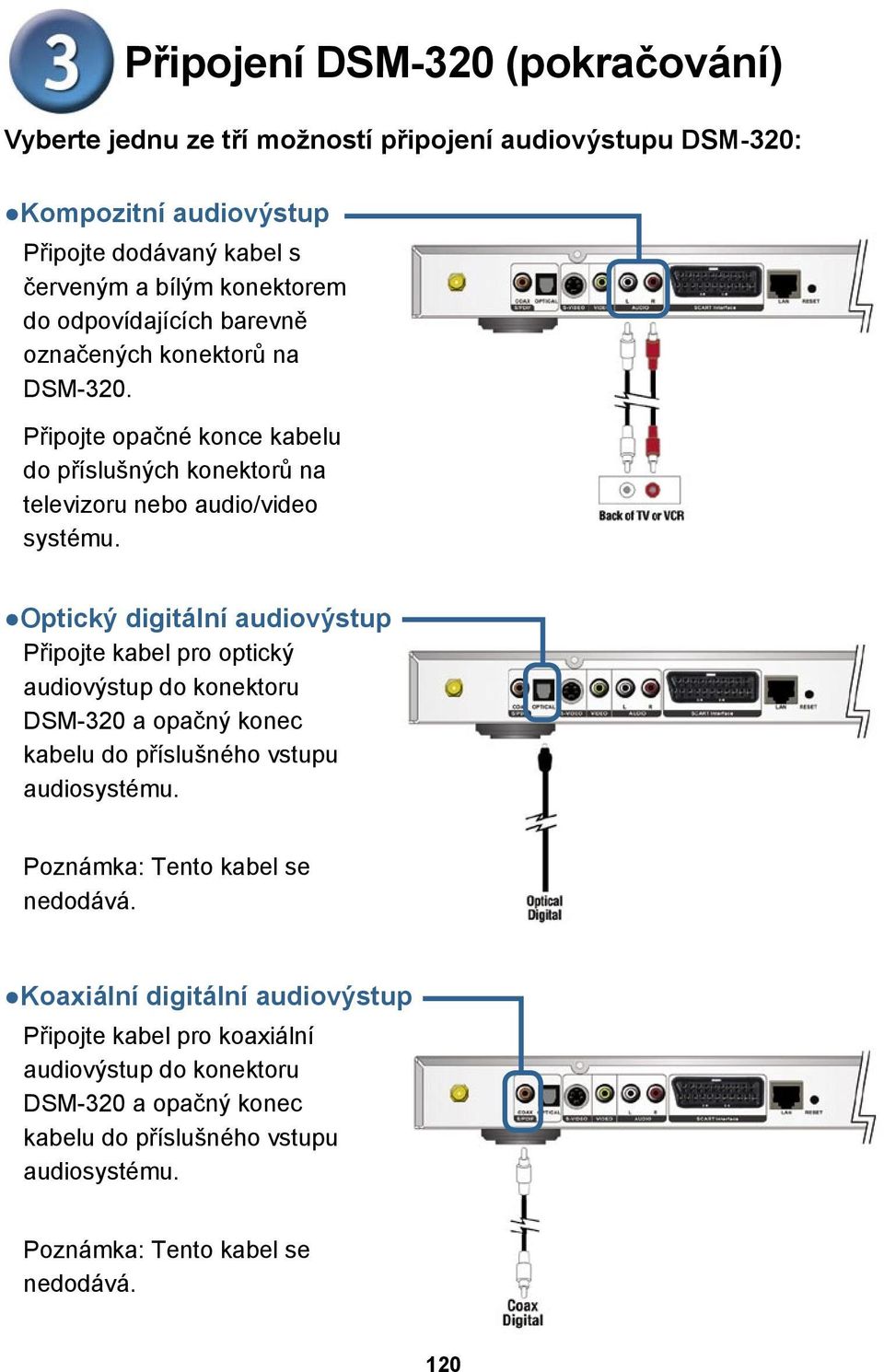 Optický digitální audiovýstup Připojte kabel pro optický audiovýstup do konektoru DSM-320 a opačný konec kabelu do příslušného vstupu audiosystému.