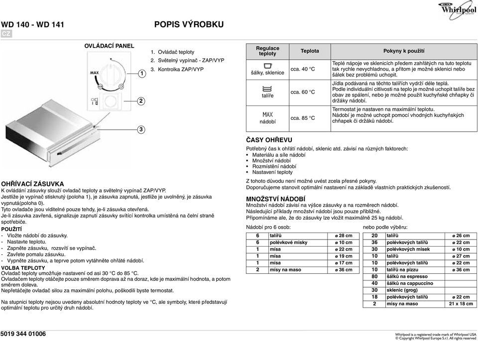 Je-li zásuvka zavřená, signalizuje zapnutí zásuvky svítící kontrolka umístěná na čelní straně spotřebiče. POUŽITÍ - Vložte nádobí do zásuvky. - Nastavte teplotu.