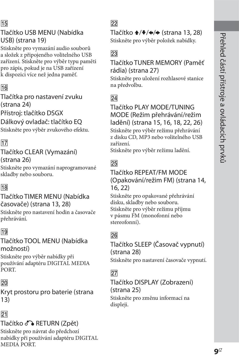 qh Tlačítka pro nastavení zvuku (strana 24) Přístroj: tlačítko DSGX Dálkový ovladač: tlačítko EQ Stiskněte pro výběr zvukového efektu.