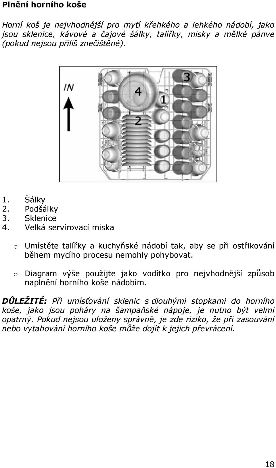 Velká servírovací miska o Umístěte talířky a kuchyňské nádobí tak, aby se při ostřikování během mycího procesu nemohly pohybovat.