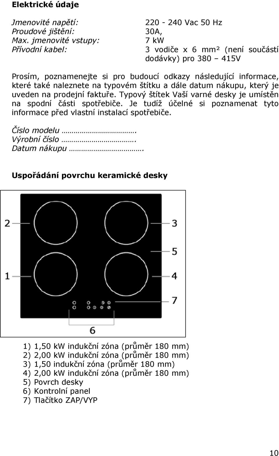 štítku a dále datum nákupu, který je uveden na prodejní faktuře. Typový štítek Vaší varné desky je umístěn na spodní části spotřebiče.
