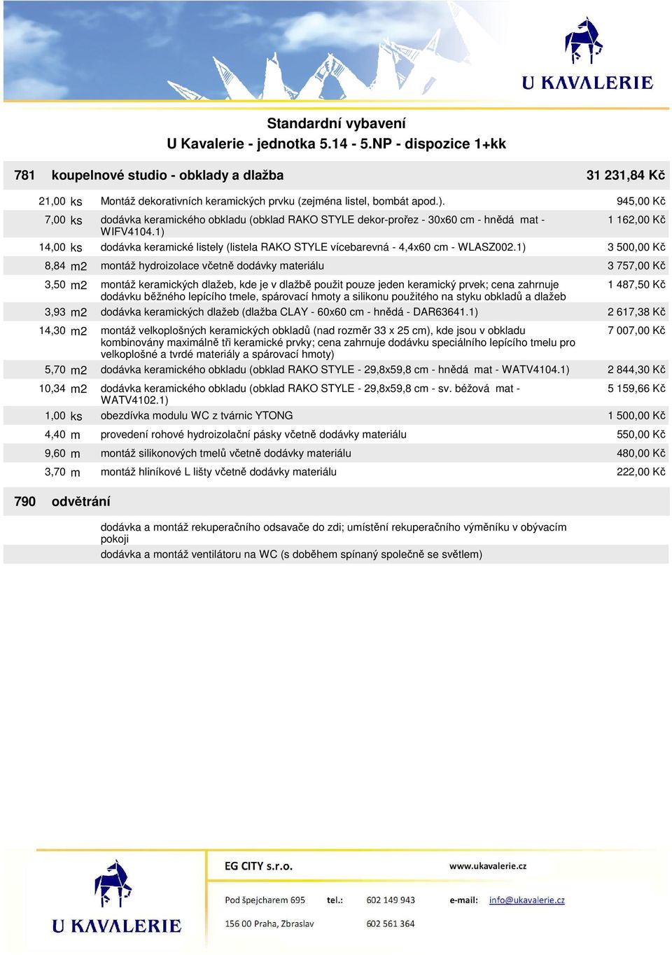 1) 8,84 m2 montáž hydroizolace včetně dodávky materiálu 3,50 m2 montáž keramických dlažeb, kde je v dlažbě použit pouze jeden keramický prvek; cena zahrnuje dodávku běžného lepícího tmele, spárovací