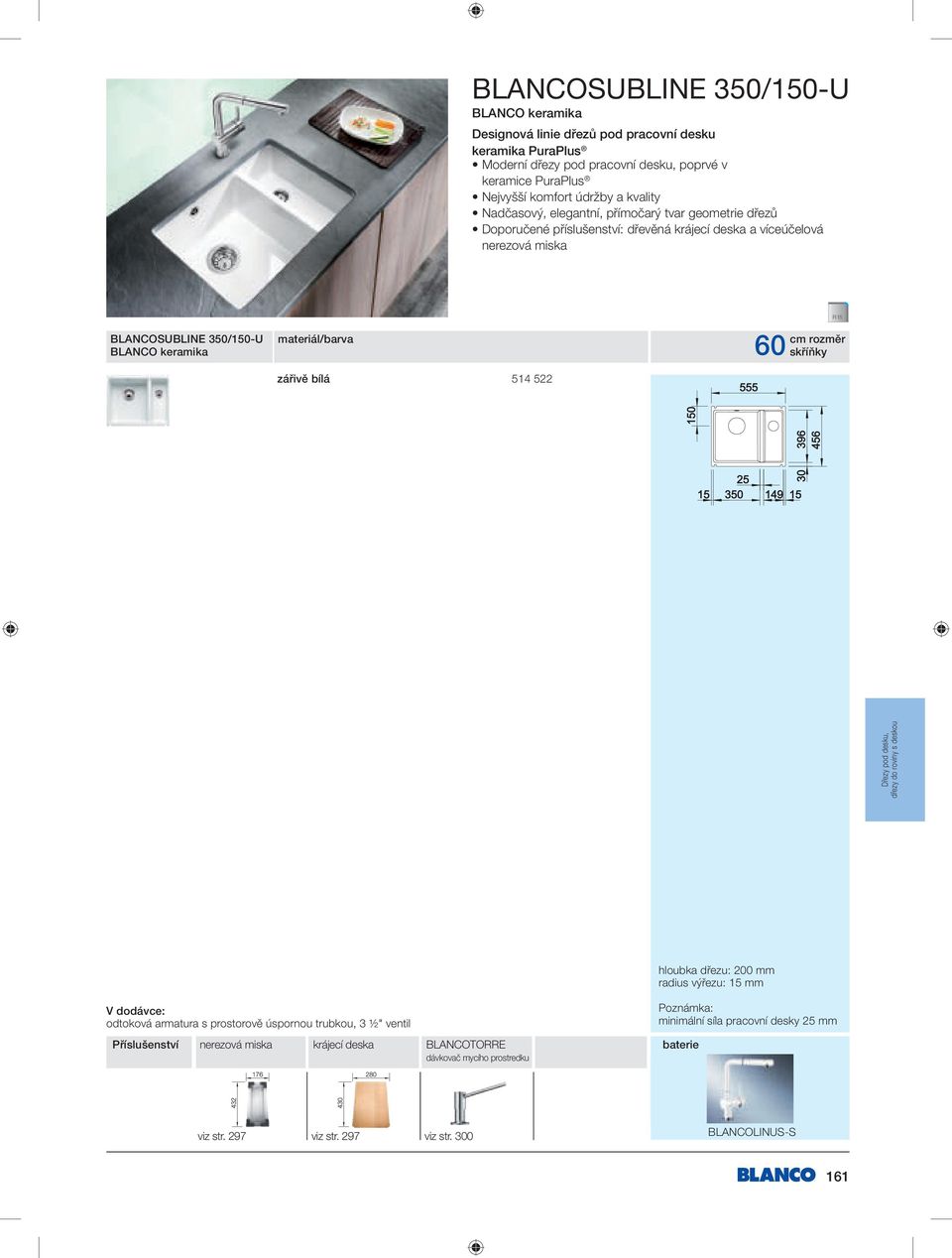 zářivě bílá 514 522 Dřezy pod desku, y do roviny s deskou hloubka u: 200 mm radius výřezu: 15 mm odtoková armatura s prostorově úspornou trubkou, 3 ½" ventil