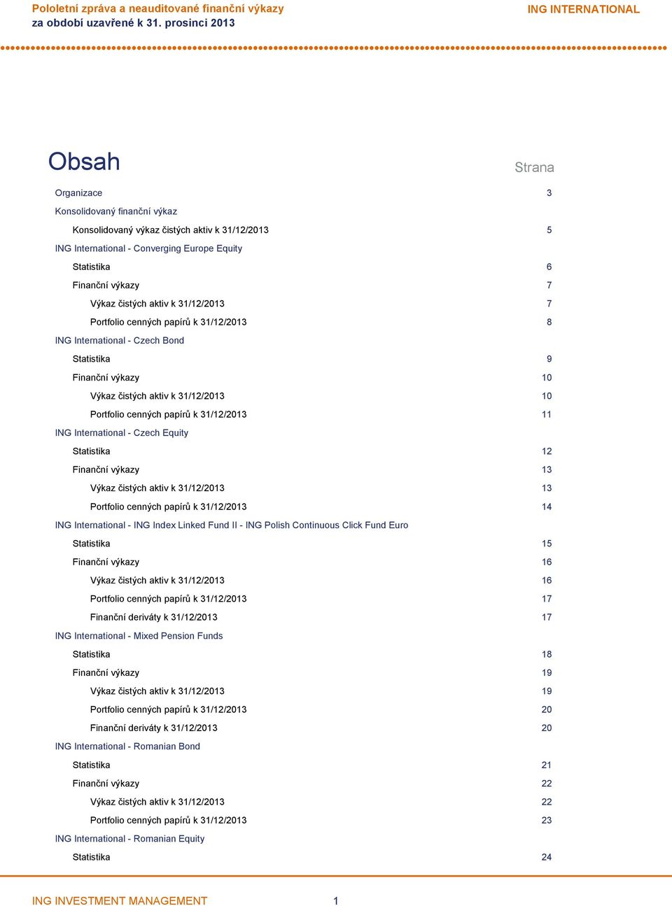 International - Czech Equity Statistika 12 Finanční výkazy 13 Výkaz čistých aktiv k 31/12/2013 13 Portfolio cenných papírů k 31/12/2013 14 ING International - ING Index Linked Fund II - ING Polish