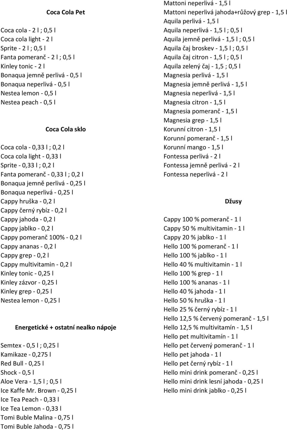 - 0,25 l Cappy hruška - 0,2 l Cappy černý rybíz - 0,2 l Cappy jahoda - 0,2 l Cappy jablko - 0,2 l Cappy pomeranč 100% - 0,2 l Cappy ananas - 0,2 l Cappy grep - 0,2 l Cappy multivitamin - 0,2 l Kinley