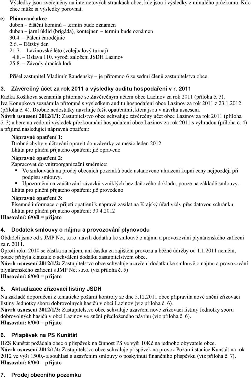 Lazinovské léto (volejbalový turnaj) 4.8. Oslava 110. výročí založení JSDH Lazinov 25.8. Závody dračích lodí Přišel zastupitel Vladimír Raudenský je přítomno 6 ze sedmi členů zastupitelstva obce. 3.