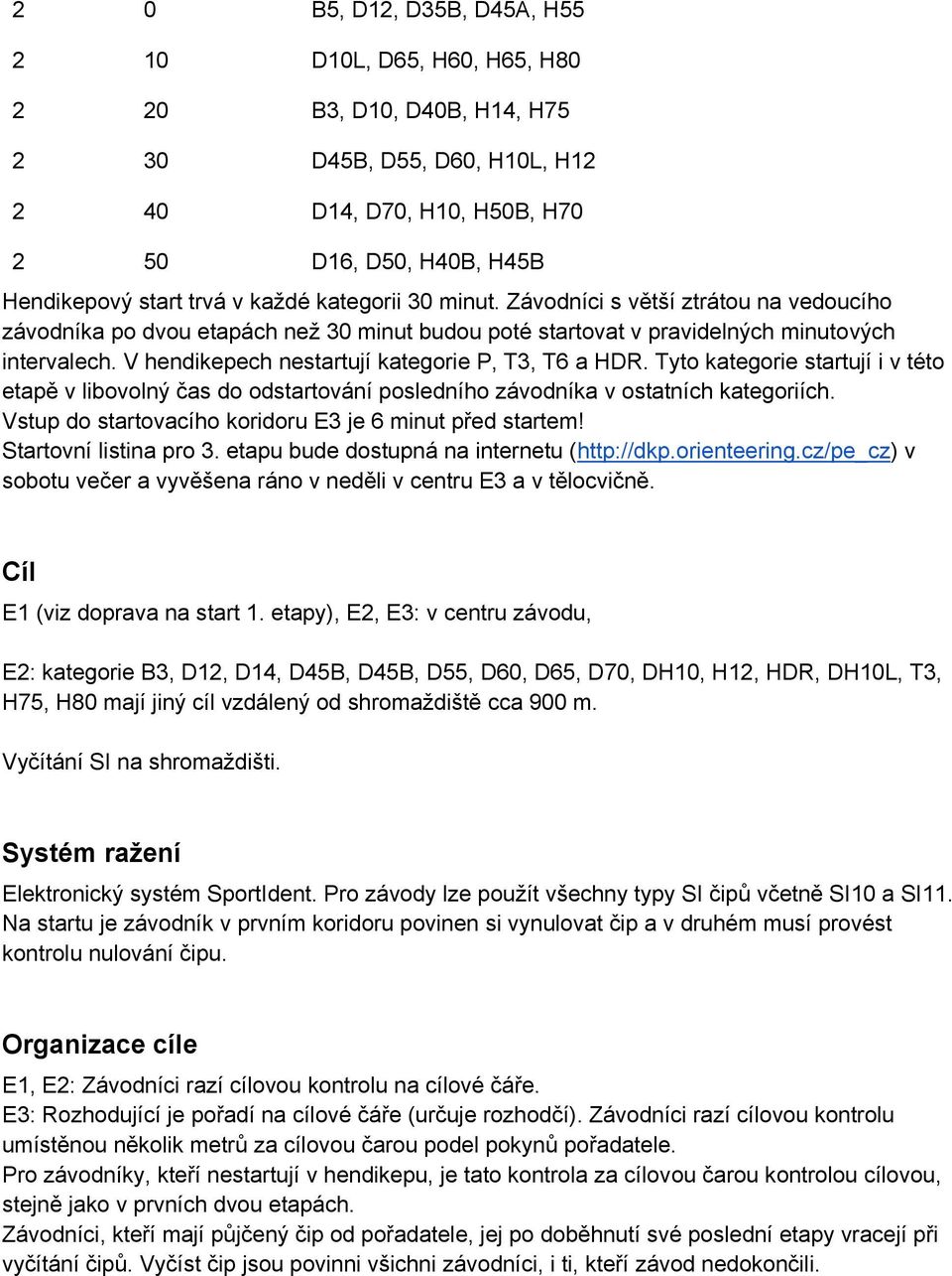 V hendikepech nestartují kategorie P, T3, T6 a HDR. Tyto kategorie startují i v této etapě v libovolný čas do odstartování posledního závodníka v ostatních kategoriích.