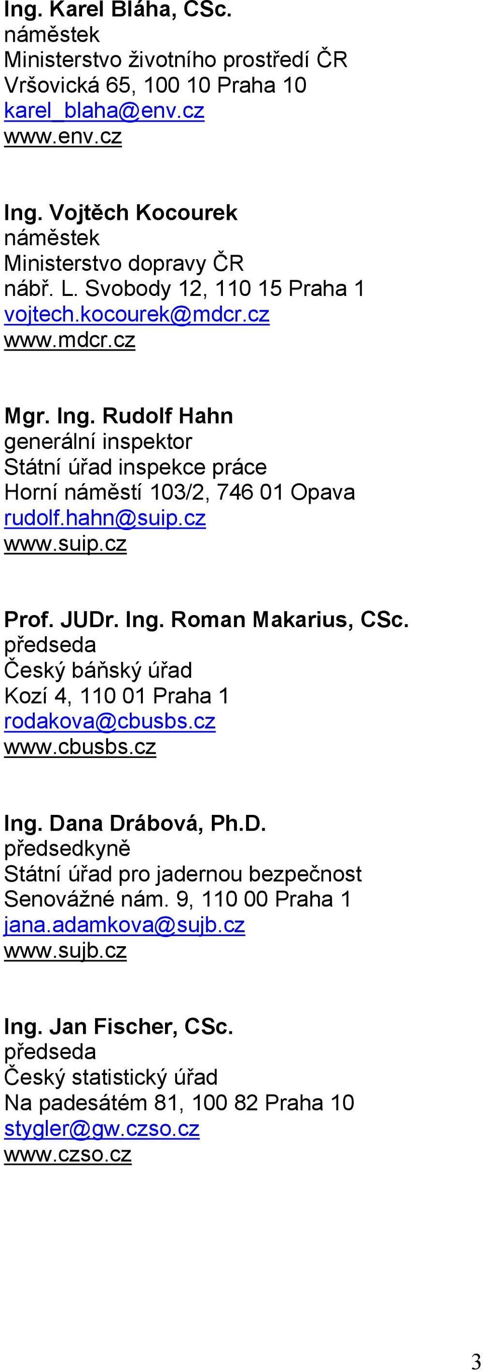 cz www.suip.cz Prof. JUDr. Ing. Roman Makarius, CSc. předseda Český báňský úřad Kozí 4, 110 01 Praha 1 rodakova@cbusbs.cz www.cbusbs.cz Ing. Dana Drábová, Ph.D. předsedkyně Státní úřad pro jadernou bezpečnost Senovážné nám.