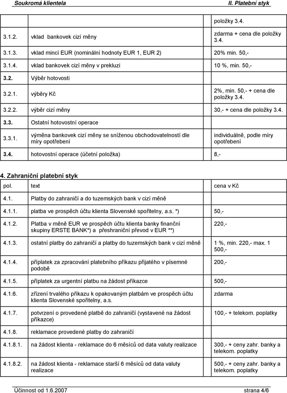 4. hotovostní operace (účetní položka) 8,- 4. Zahraniční platební styk pol. text cena v Kč 4.1. Platby do zahraničí a do tuzemských bank v cizí měně 4.1.1. platba ve prospěch účtu klienta Slovenské spořitelny, a.
