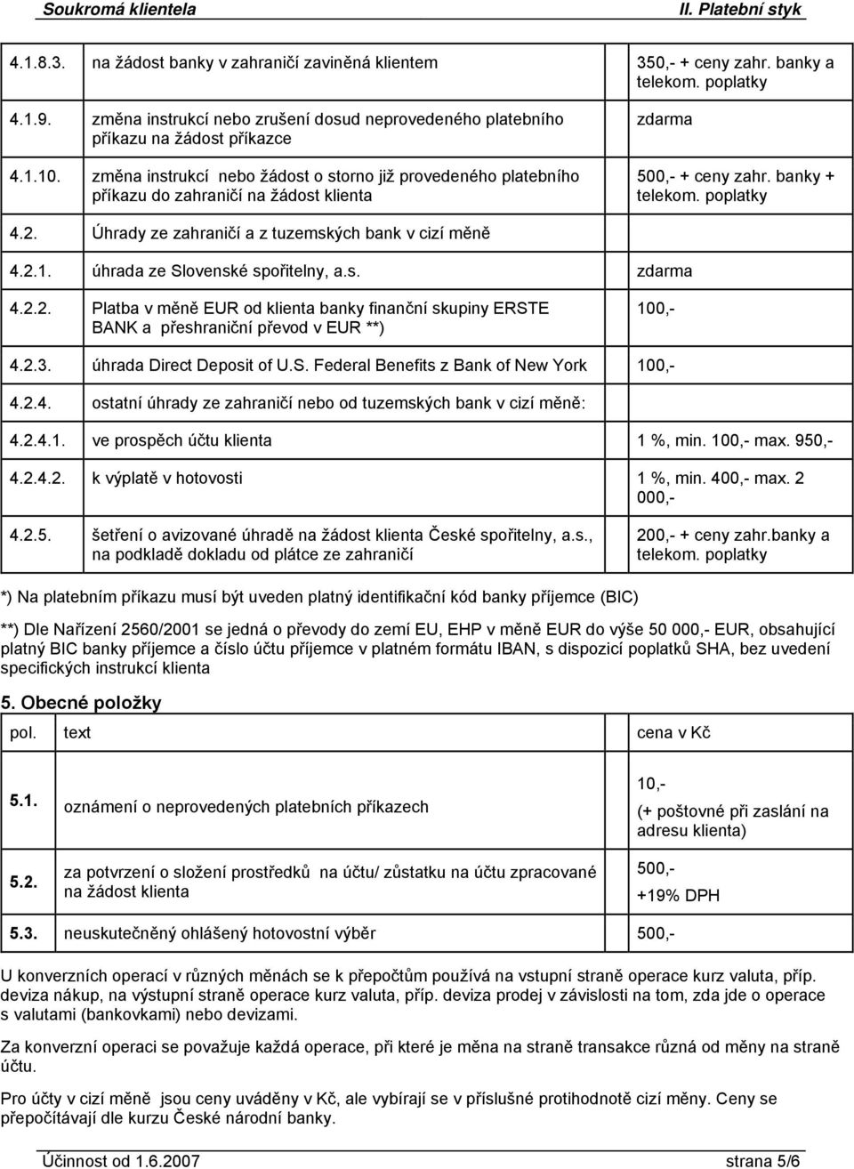 úhrada ze Slovenské spořitelny, a.s. 4.2.2. Platba v měně EUR od klienta banky finanční skupiny ERSTE BANK a přeshraniční převod v EUR **) 100,- 4.2.3. úhrada Direct Deposit of U.S. Federal Benefits z Bank of New York 100,- 4.