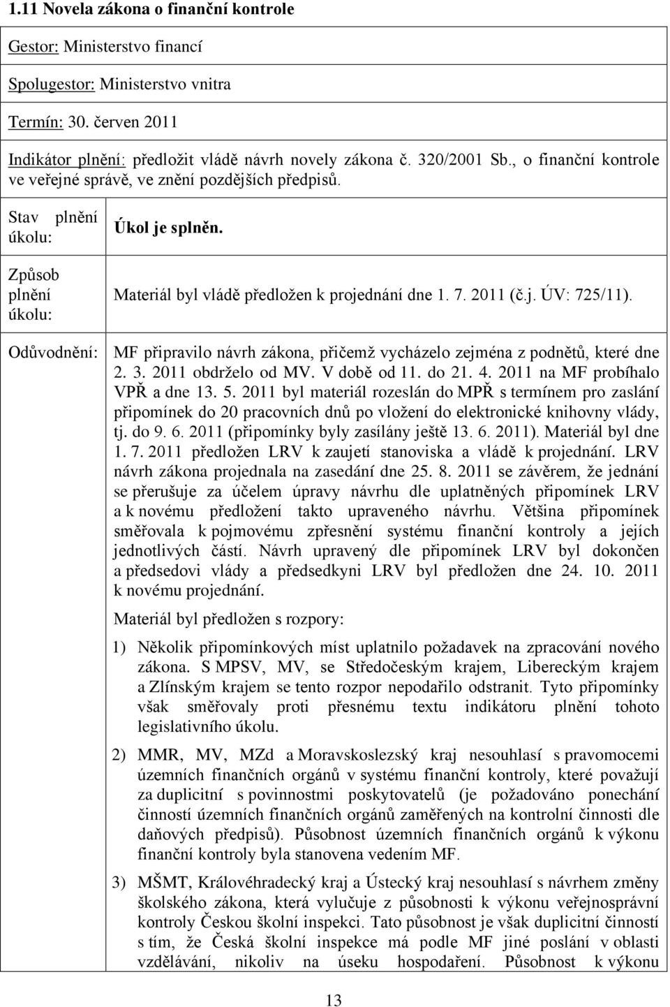 Odůvodnění: MF připravilo návrh zákona, přičemž vycházelo zejména z podnětů, které dne 2. 3. 2011 obdrželo od MV. V době od 11. do 21. 4. 2011 na MF probíhalo VPŘ a dne 13. 5.