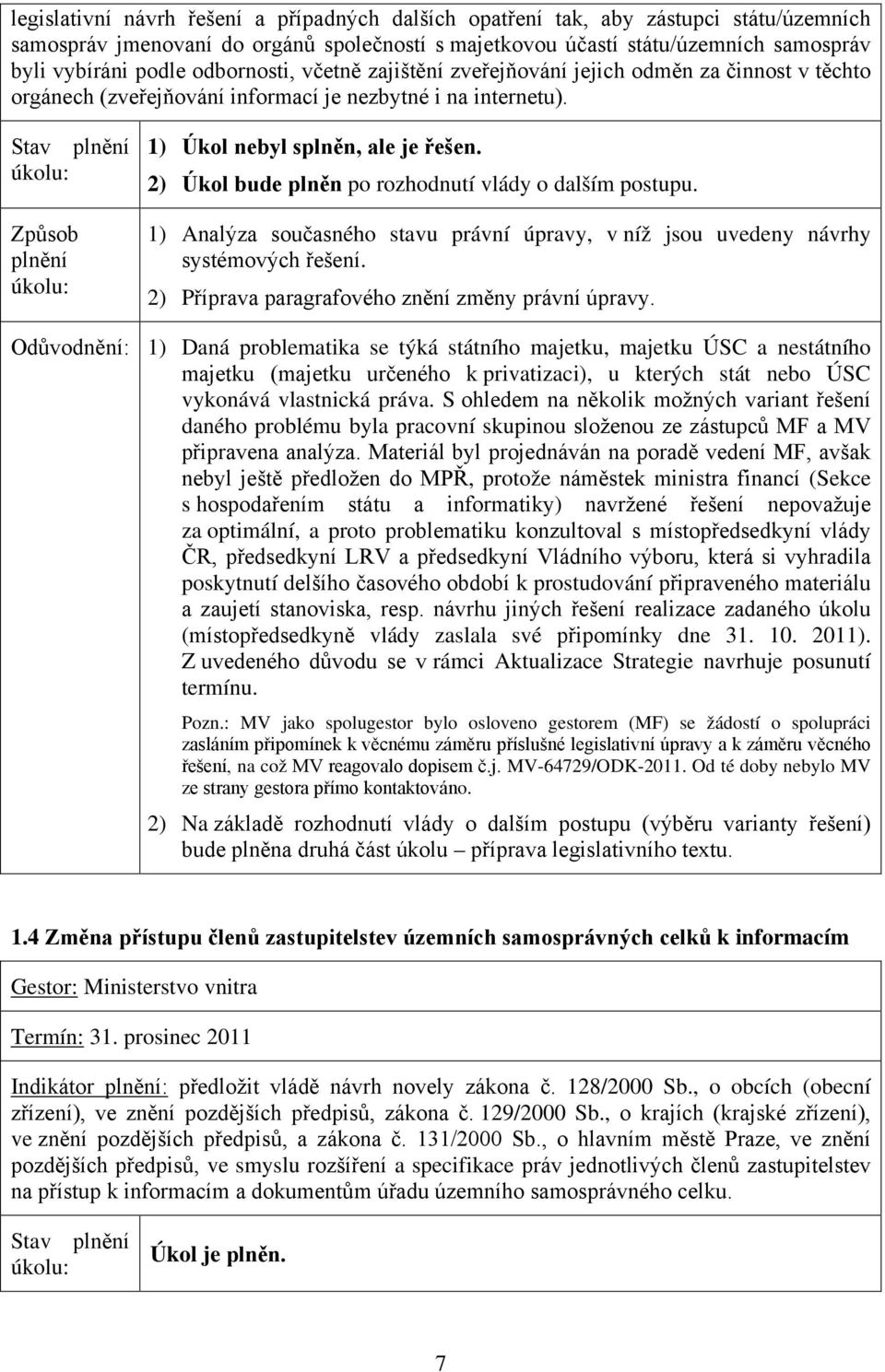 2) Úkol bude plněn po rozhodnutí vlády o dalším postupu. 1) Analýza současného stavu právní úpravy, v níž jsou uvedeny návrhy systémových řešení. 2) Příprava paragrafového znění změny právní úpravy.