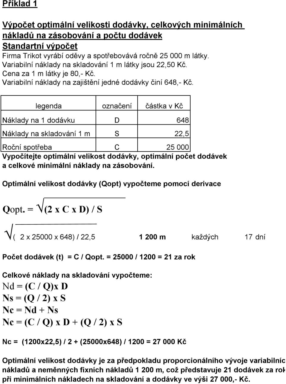 legenda označení částka v Kč Náklady na 1 dodávku D 648 Náklady na skladování 1 m S 22,5 Roční spotřeba C 25 000 Vypočítejte optimální velikost dodávky, optimální počet dodávek a celkové minimální na