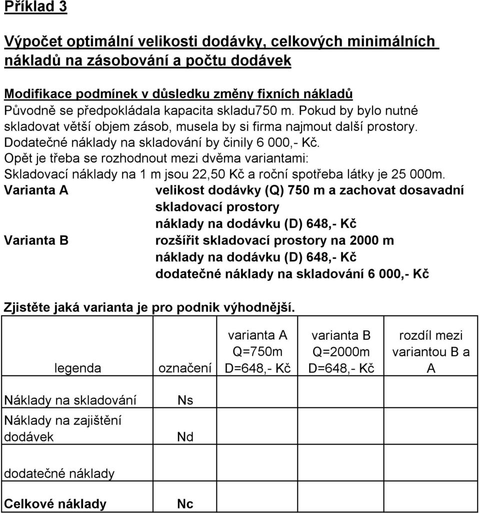 Opět je třeba se rozhodnout mezi dvěma variantami: Skladovací na 1 m jsou 22,50 Kč a roční spotřeba látky je 25 000m.