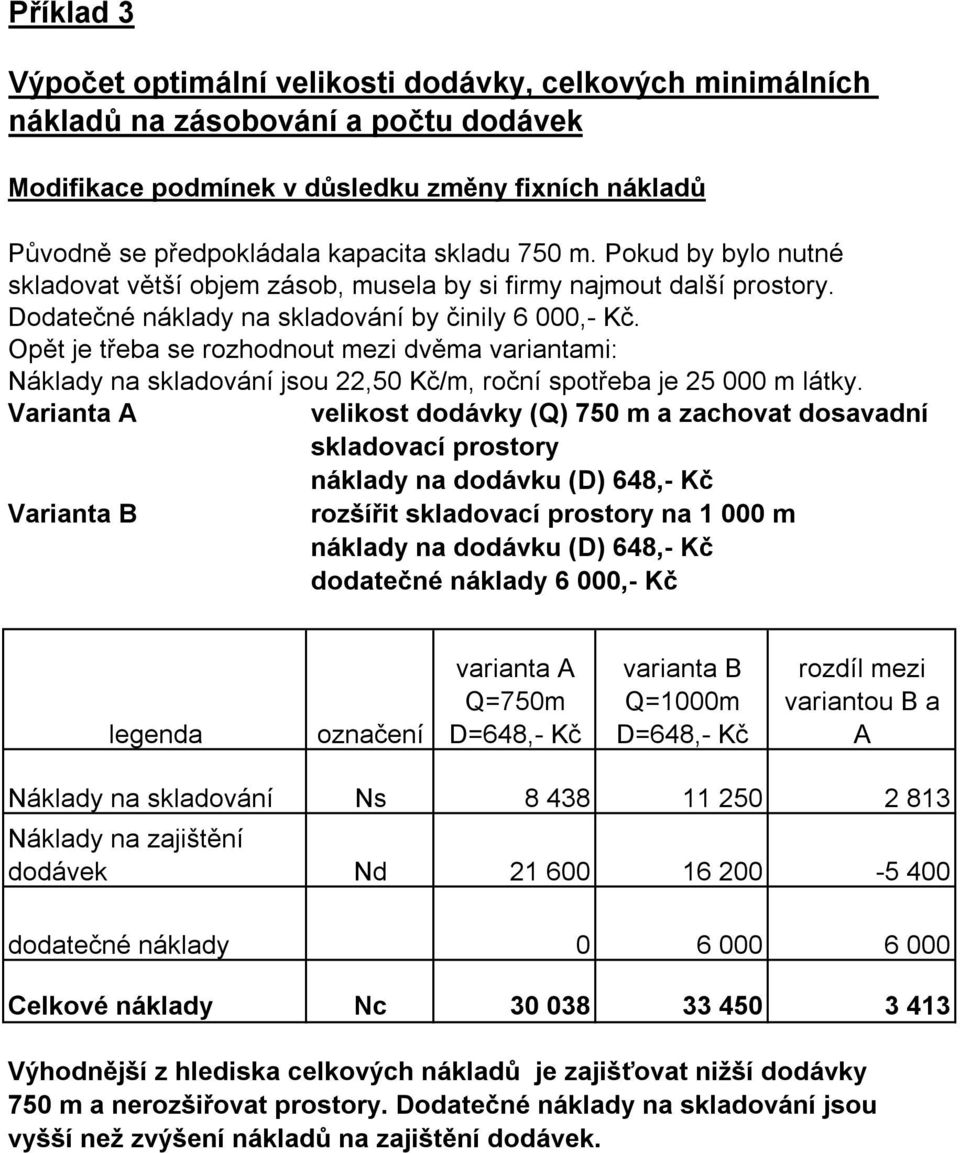 Opět je třeba se rozhodnout mezi dvěma variantami: Náklady na skladování jsou 22,50 Kč/m, roční spotřeba je 25 000 m látky.