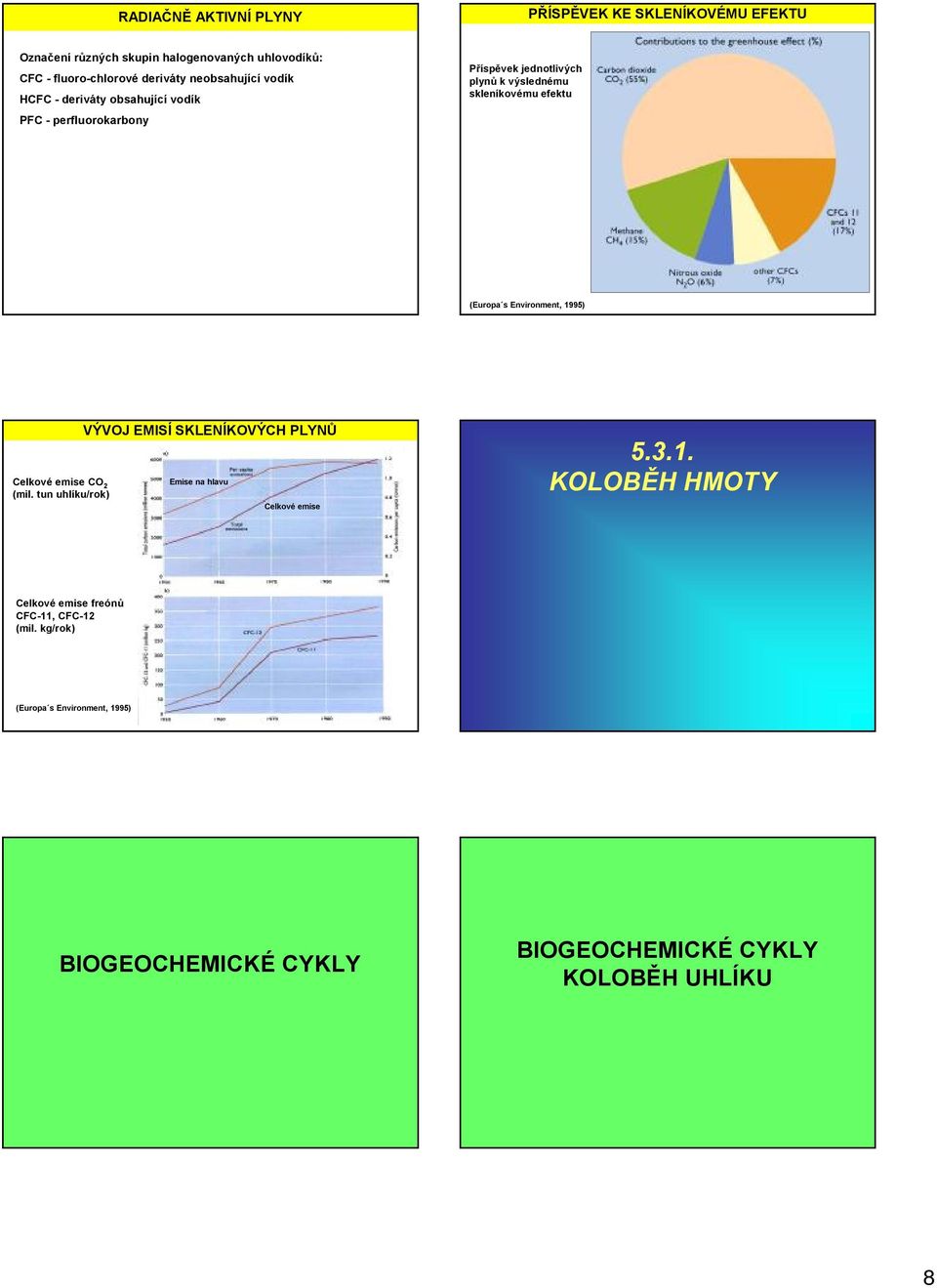 (Europa s Environment, 1995) Celkové emise CO 2 (mil. tun uhlíku/rok) VÝVOJ EMISÍ SKLENÍKOVÝCH PLYNŮ Emise na hlavu Celkové emise 5.3.1. KOLOBĚH HMOTY Celkové emise freónů CFC-11, CFC-12 (mil.