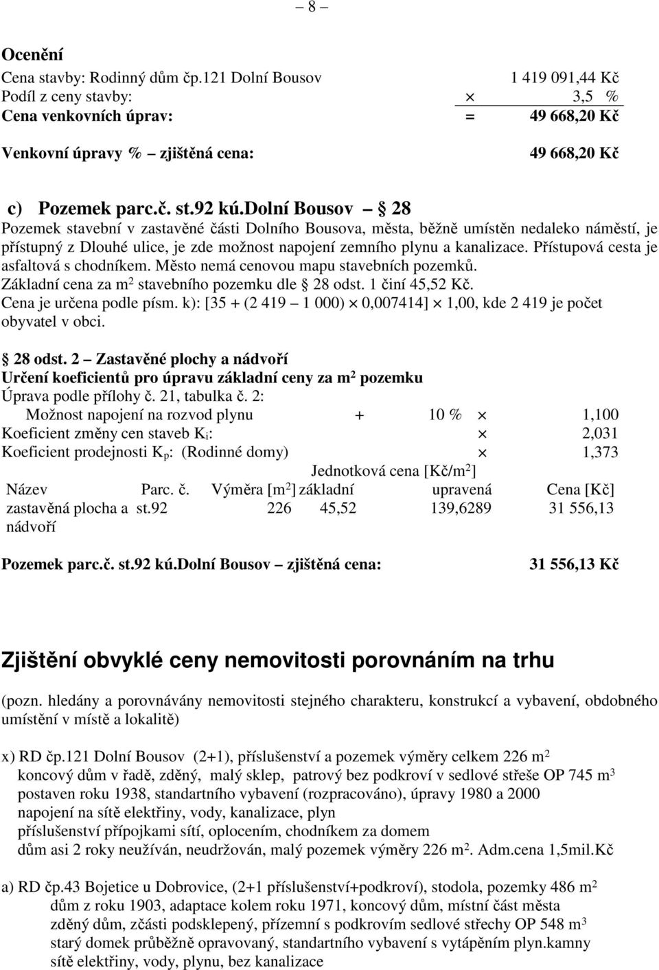 Přístupová cesta je asfaltová s chodníkem. Město nemá cenovou mapu stavebních pozemků. Základní cena za m 2 stavebního pozemku dle 28 odst. 1 činí 45,52 Kč. Cena je určena podle písm.