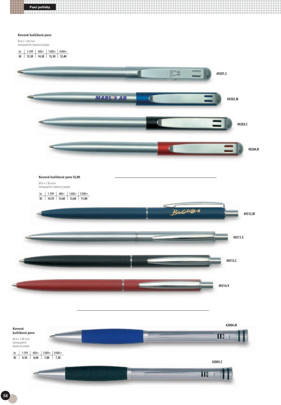 R Kovové kuličkové pero SLIM Ø 8 136 mm ks 1-399 400+ 1 600+ 5 000+ Kč 14,70 13,60 12,60