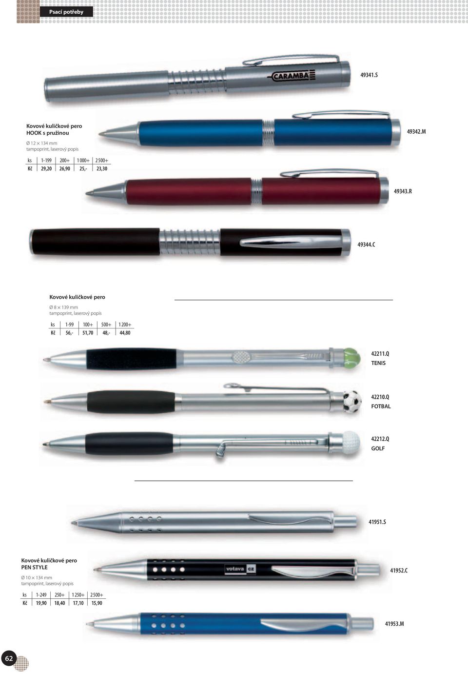 C Kovové kuličkové pero Ø 8 139 mm ks 1-99 100+ 500+ 1 200+ Kč 56,- 51,70 48,- 44,80 42211.