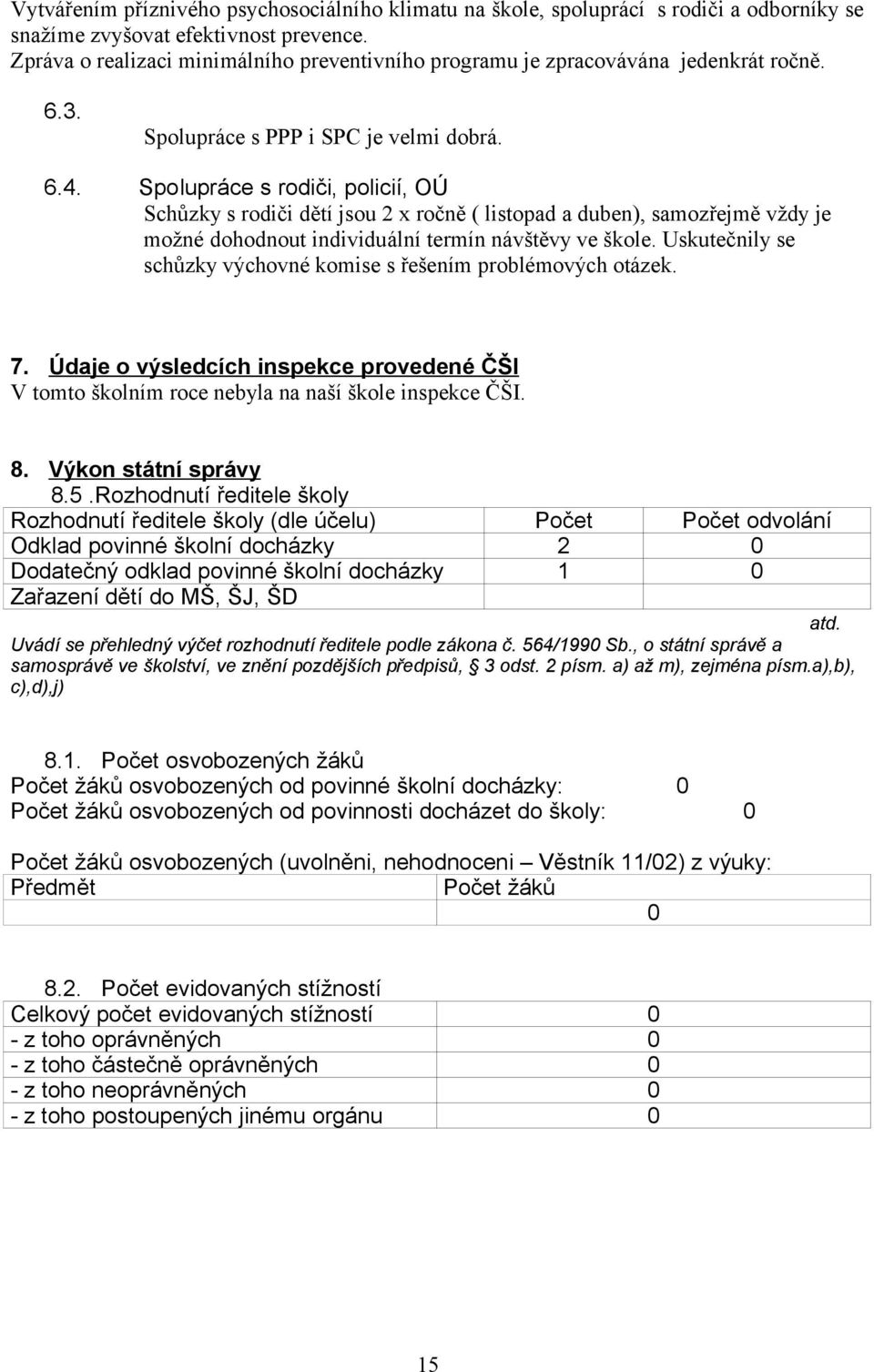 Spolupráce s rodiči, policií, OÚ Schůzky s rodiči dětí jsou 2 x ročně ( listopad a duben), samozřejmě vždy je možné dohodnout individuální termín návštěvy ve škole.