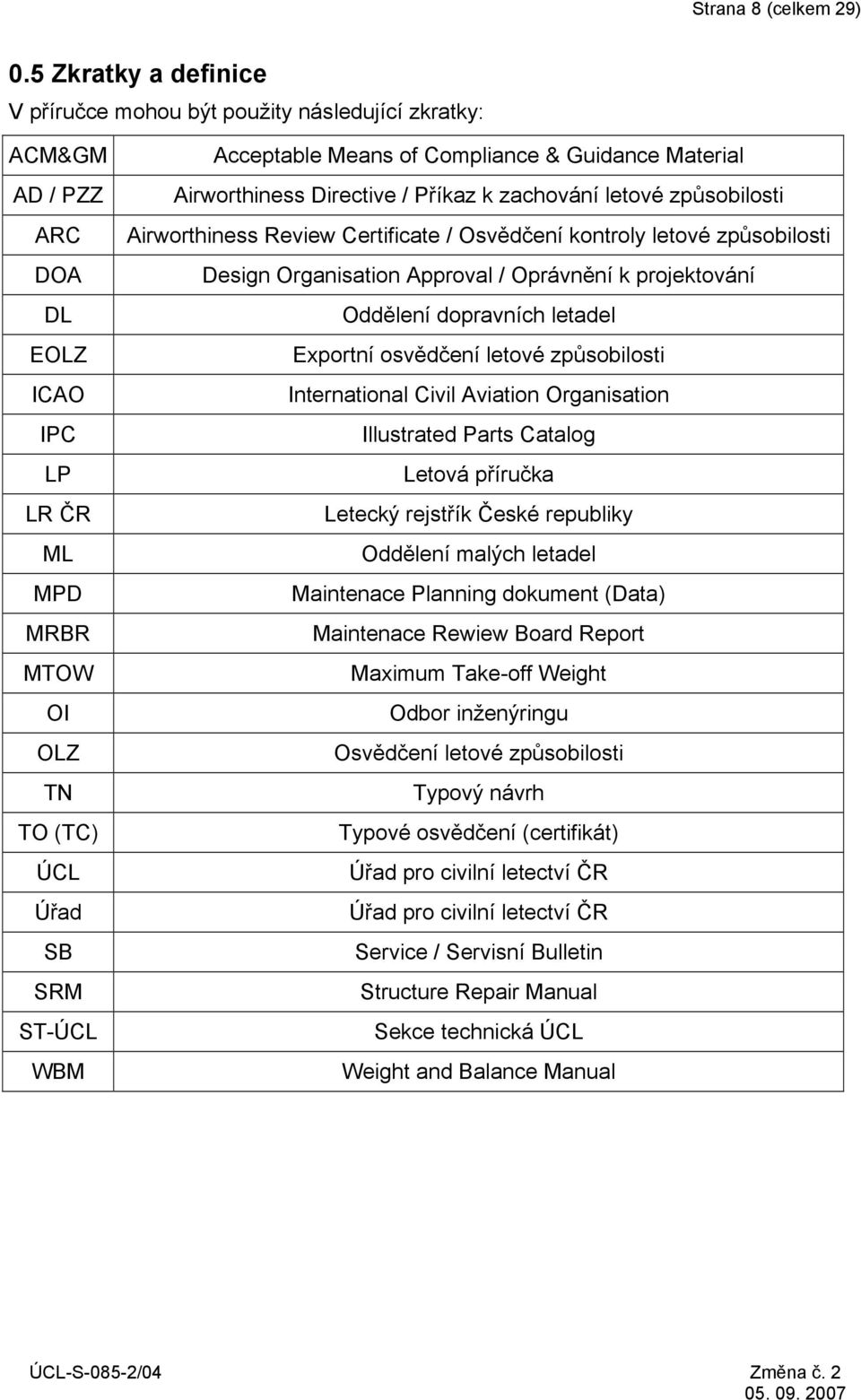 of Compliance & Guidance Material Airworthiness Directive / Příkaz k zachování letové způsobilosti Airworthiness Review Certificate / Osvědčení kontroly letové způsobilosti Design Organisation