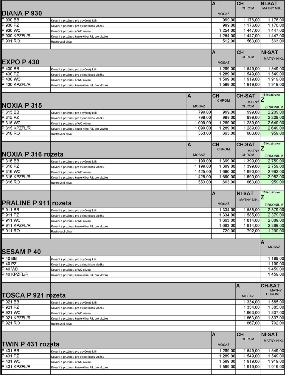 obyčejný klíč 1 289,00 1 549,00 1 549,00 P 430 P Kování s pružinou pro cylindrickou vložku 1 289,00 1 549,00 1 549,00 P 430 WC Kování s pružinou a WC olivou 1 599,00 1 919,00 1 919,00 P 430 KPFL/R