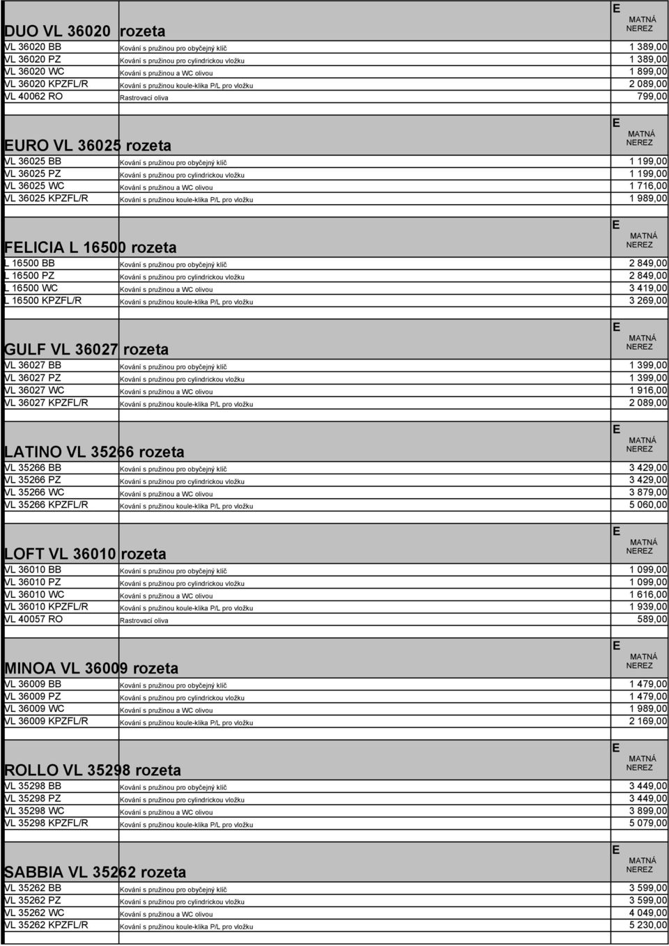 pružinou pro cylindrickou vložku 1 199,00 VL 36025 WC Kování s pružinou a WC olivou 1 716,00 VL 36025 KPFL/R Kování s pružinou koule-klika P/L pro vložku 1 989,00 FLICI L 16500 rozeta L 16500 BB