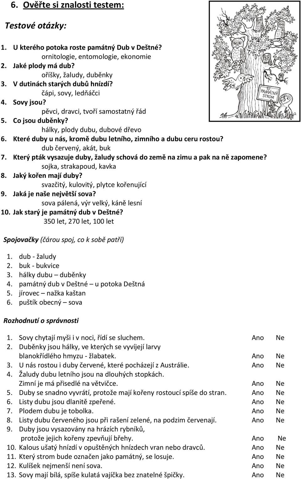 Které duby u nás, kromě dubu letního, zimního a dubu ceru rostou? dub červený, akát, buk 7. Který pták vysazuje duby, žaludy schová do země na zimu a pak na ně zapomene? sojka, strakapoud, kavka 8.