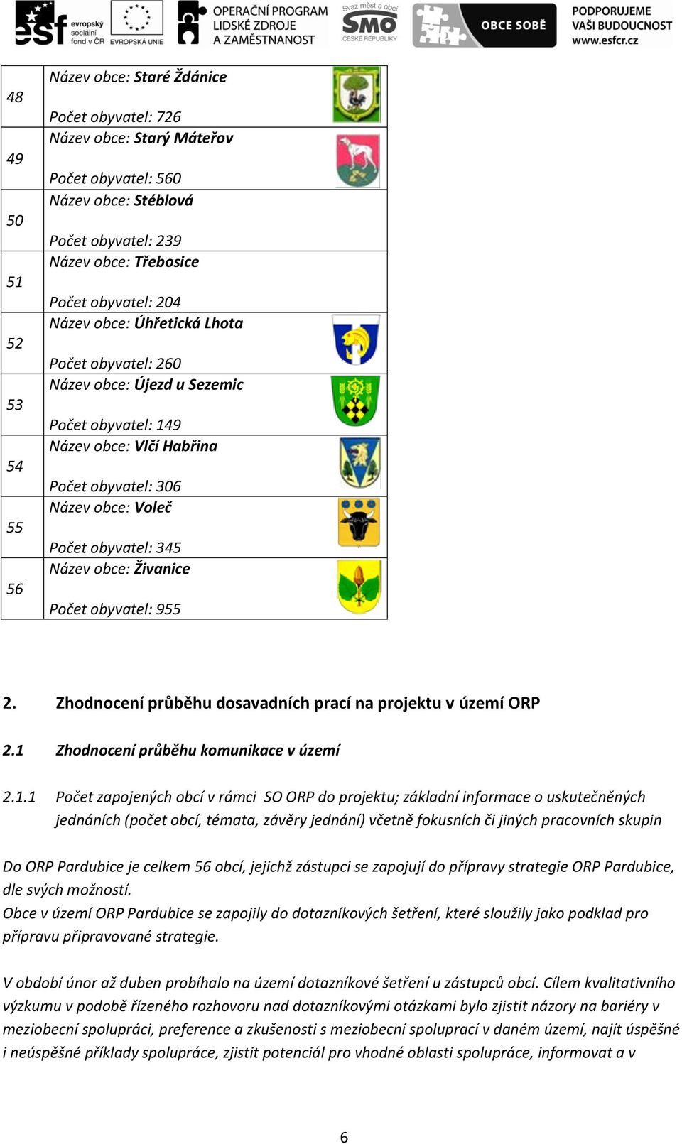 Živanice Počet obyvatel: 955 2. Zhodnocení průběhu dosavadních prací na projektu v území ORP 2.1 