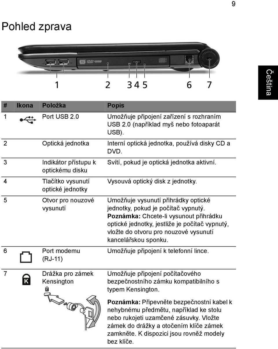 4 Tlačítko vysunutí optické jednotky 5 Otvor pro nouzové vysunutí 6 Port modemu (RJ-11) Vysouvá optický disk z jednotky. Umožňuje vysunutí přihrádky optické jednotky, pokud je počítač vypnutý.