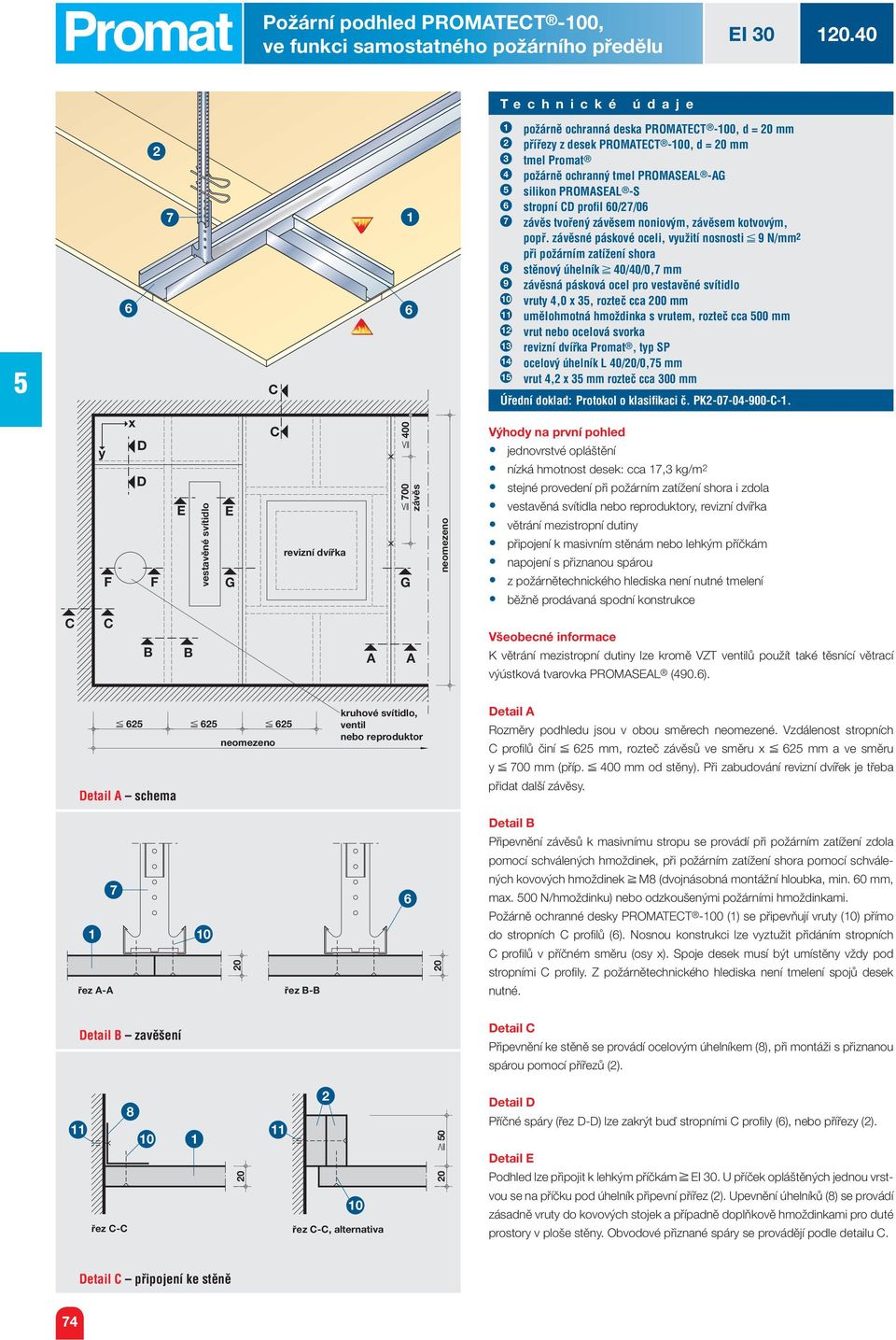 0.0! požárně ochranná deska PROMATET -00, d = 0 mm přířezy z desek PROMATET -00, d = 0 mm tmel Promat požárně ochranný tmel PROMASEAL -AG silikon PROMASEAL -S stropní D profi l 0//0 závěs tvořený