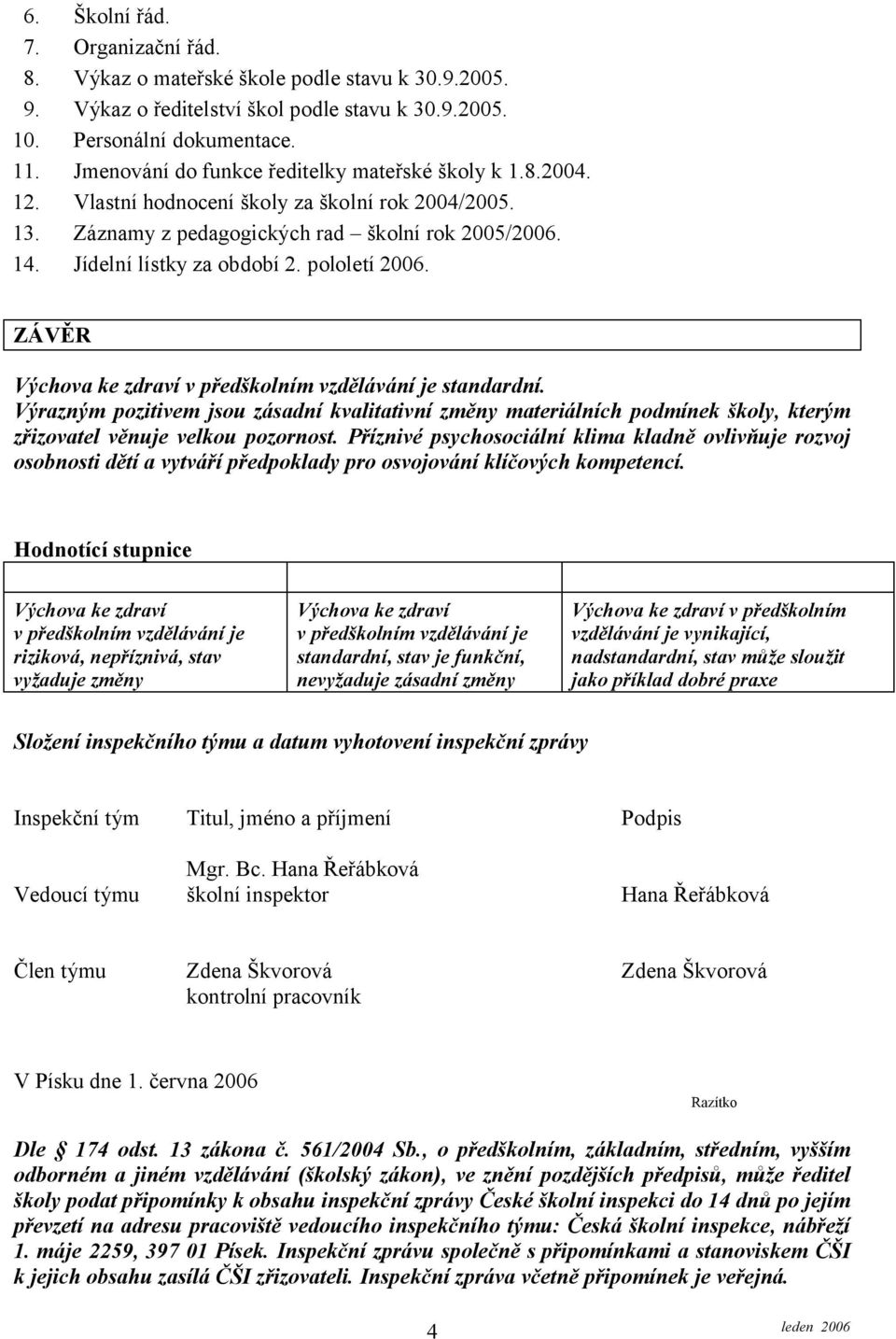 pololetí 2006. ZÁVĚR Výchova ke zdraví v předškolním vzdělávání je standardní.