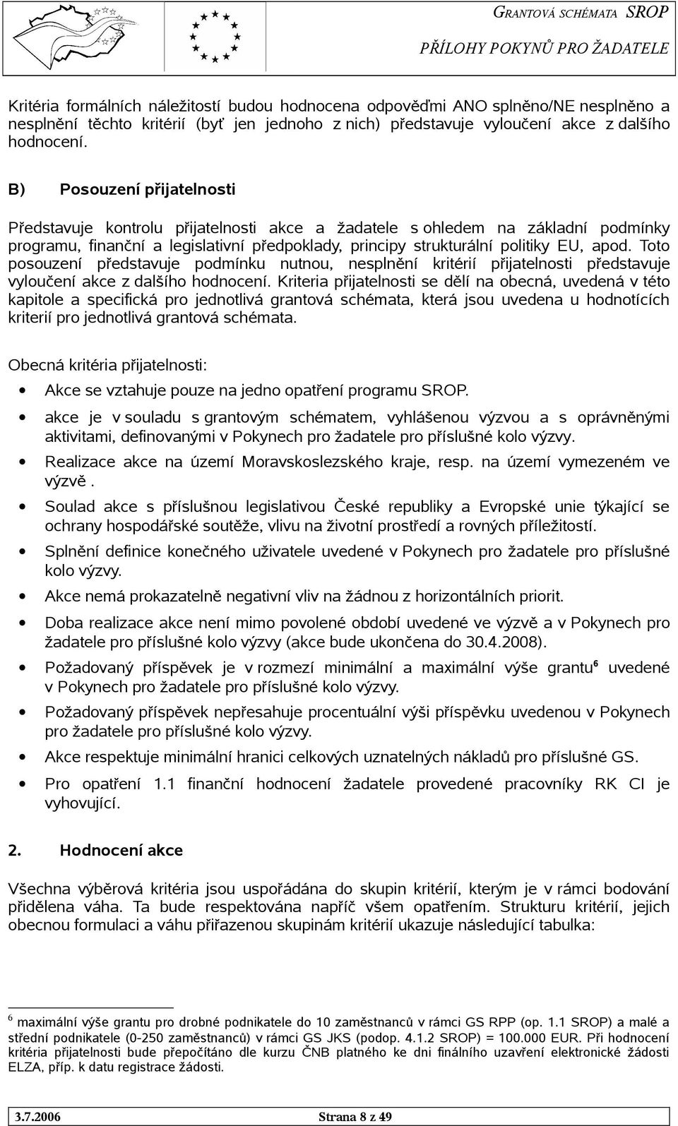 Toto posouzení představuje podmínku nutnou, nesplnění kritérií přijatelnosti představuje vyloučení akce z dalšího hodnocení.