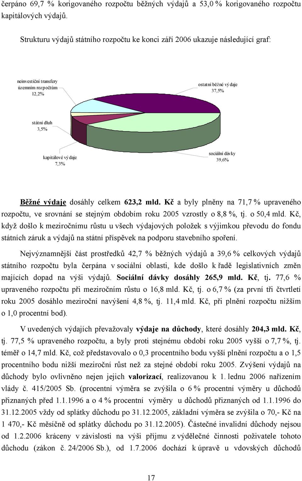 sociální dávky 39,6% Běžné výdaje dosáhly celkem 623,2 mld. Kč a byly plněny na 71,7 % upraveného rozpočtu, ve srovnání se stejným obdobím roku 2005 vzrostly o 8,8 %, tj. o 50,4 mld.