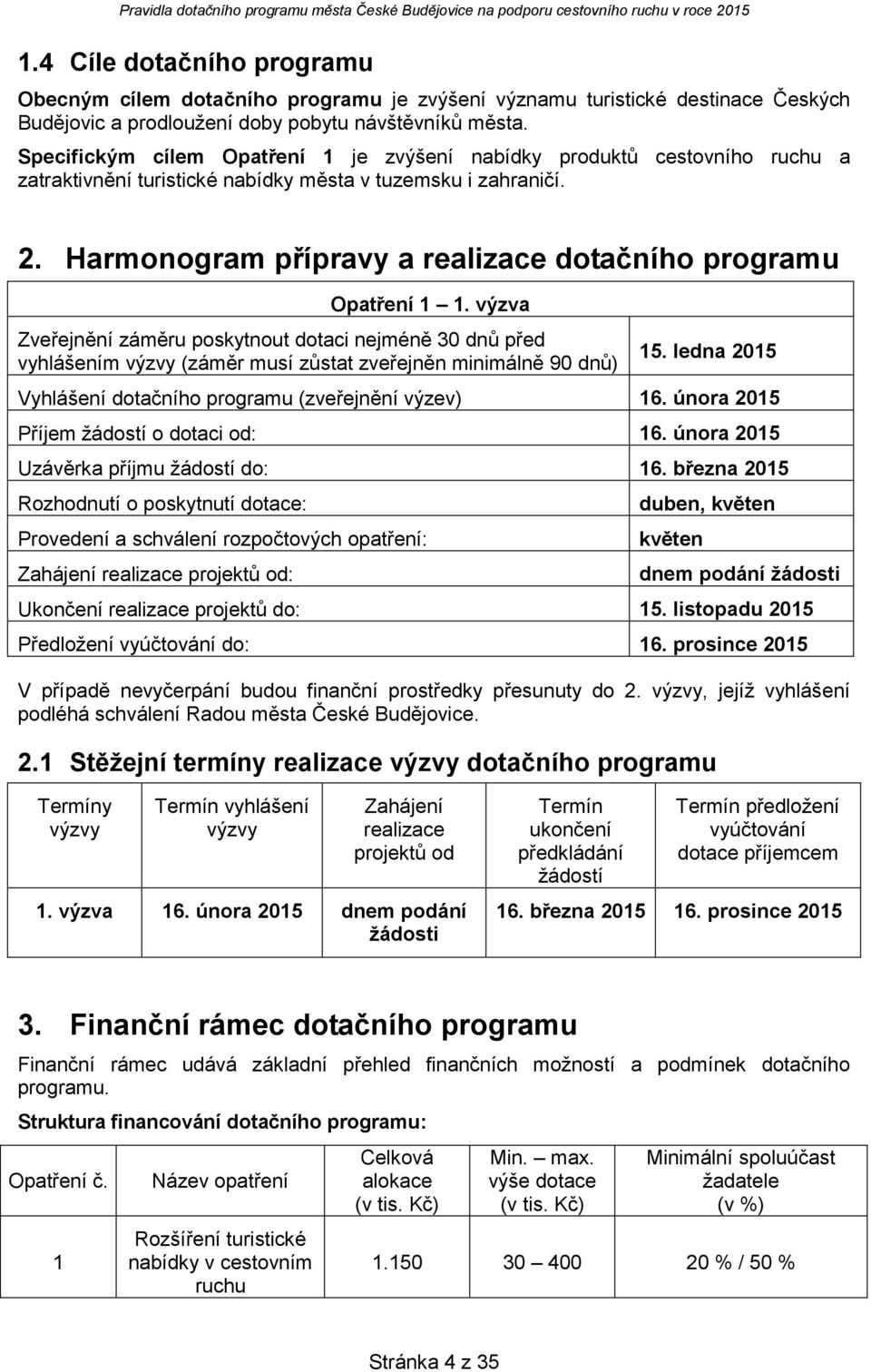 výzva Zveřejnění záměru pskytnut dtaci nejméně 30 dnů před vyhlášením výzvy (záměr musí zůstat zveřejněn minimálně 90 dnů) 15. ledna 2015 Vyhlášení dtačníh prgramu (zveřejnění výzev) 16.