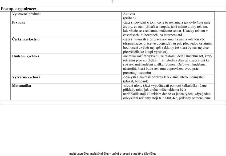 .. -žáci si vymyslí a připraví reklamu na jimi zvolenou věc (dramatizace, práce ve dvojicích), tu pak předvedou ostatním, hodnocení, výběr nejlepší reklamy (té která by nás nejvíce přesvědčila ke